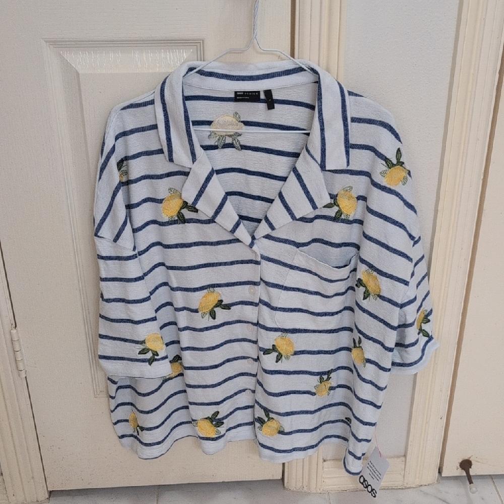 ASOS Design Camp Stripe Shirt With Lemon Embroidery